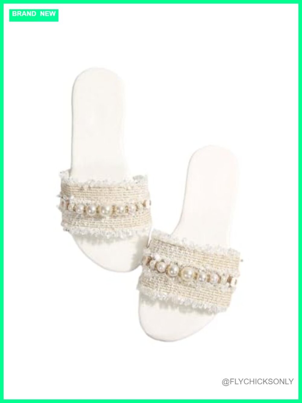 Pearl Chain Slide Sandals, Open Toe Slip On Flat Sandals for Women